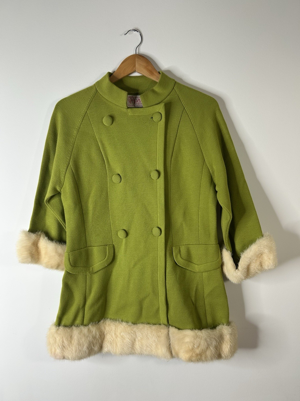 Vintage 1970’s Coltalia Dress Women’s Green Wool Fur Trim Hippy Disco