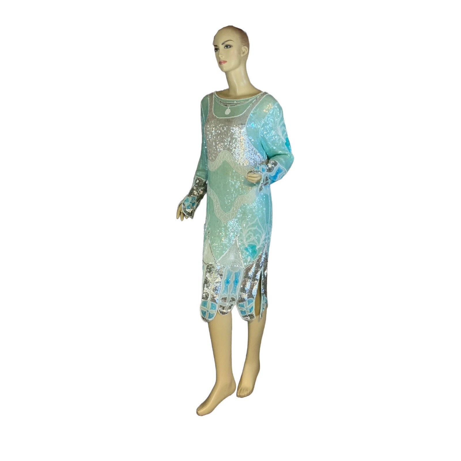 WOMEN’S VINTAGE 1980’S ZEBUN AQUA BLUE & SILVER SILK SEQUIN DRESS APPX SZ M