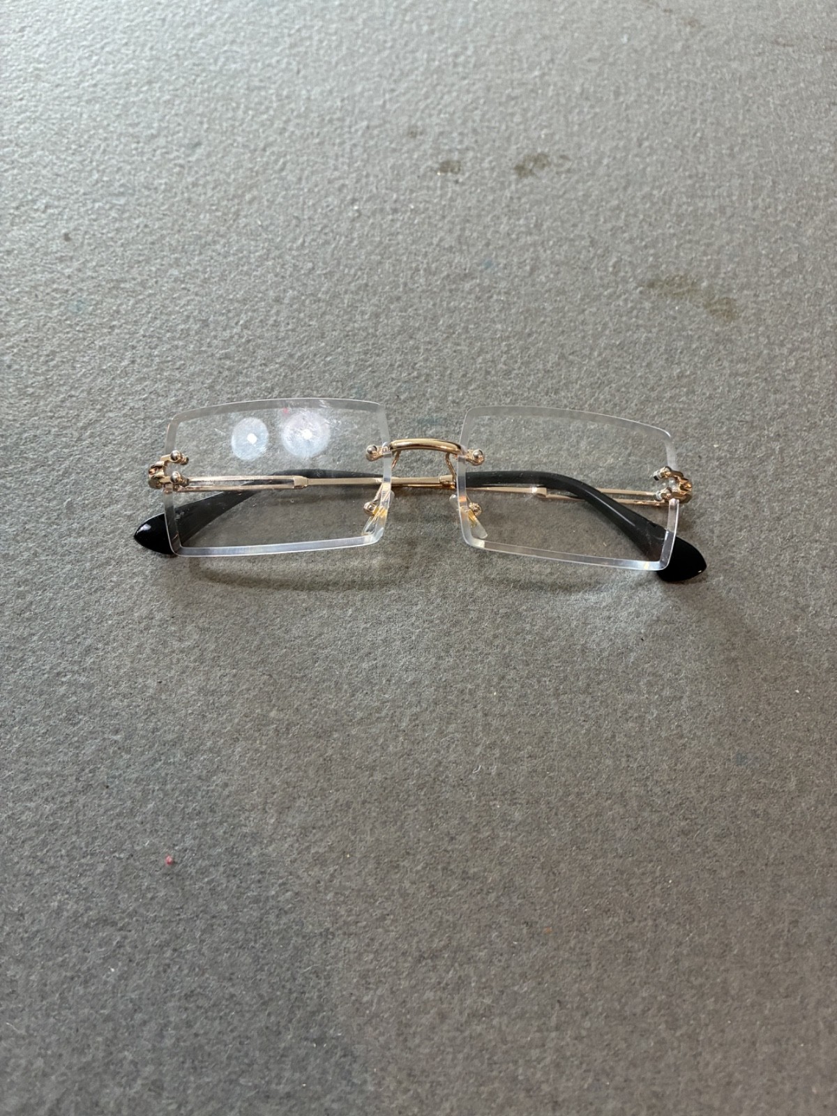 Vintage Rimless Rectangular Eyeglasses Gold Tone Metal Frame Black Temple Tips