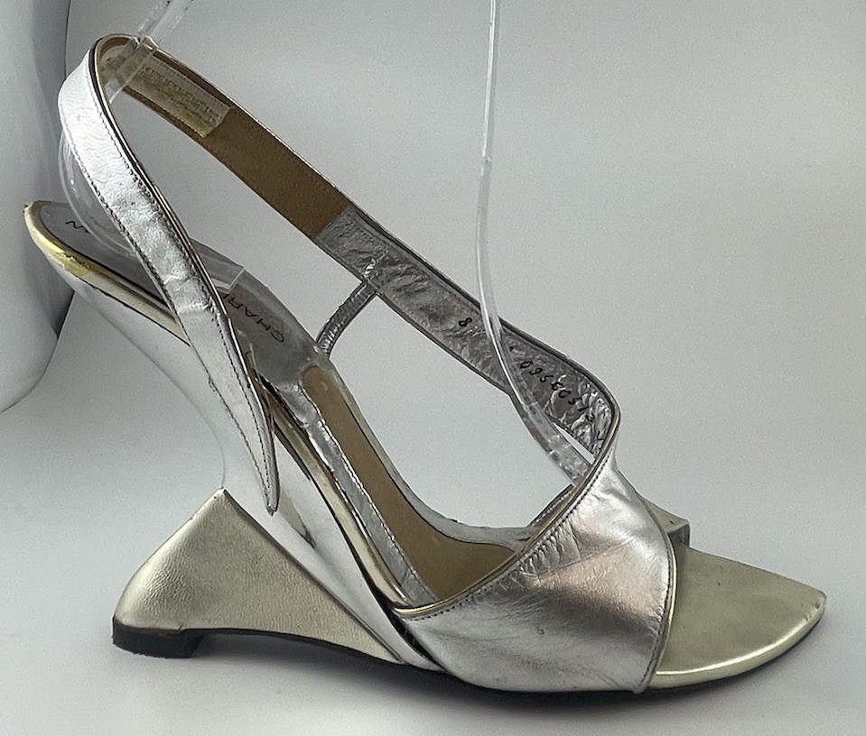 Vintage Charles Jourdan Silver Cantilever Metalic shoes Meteor Sling Back