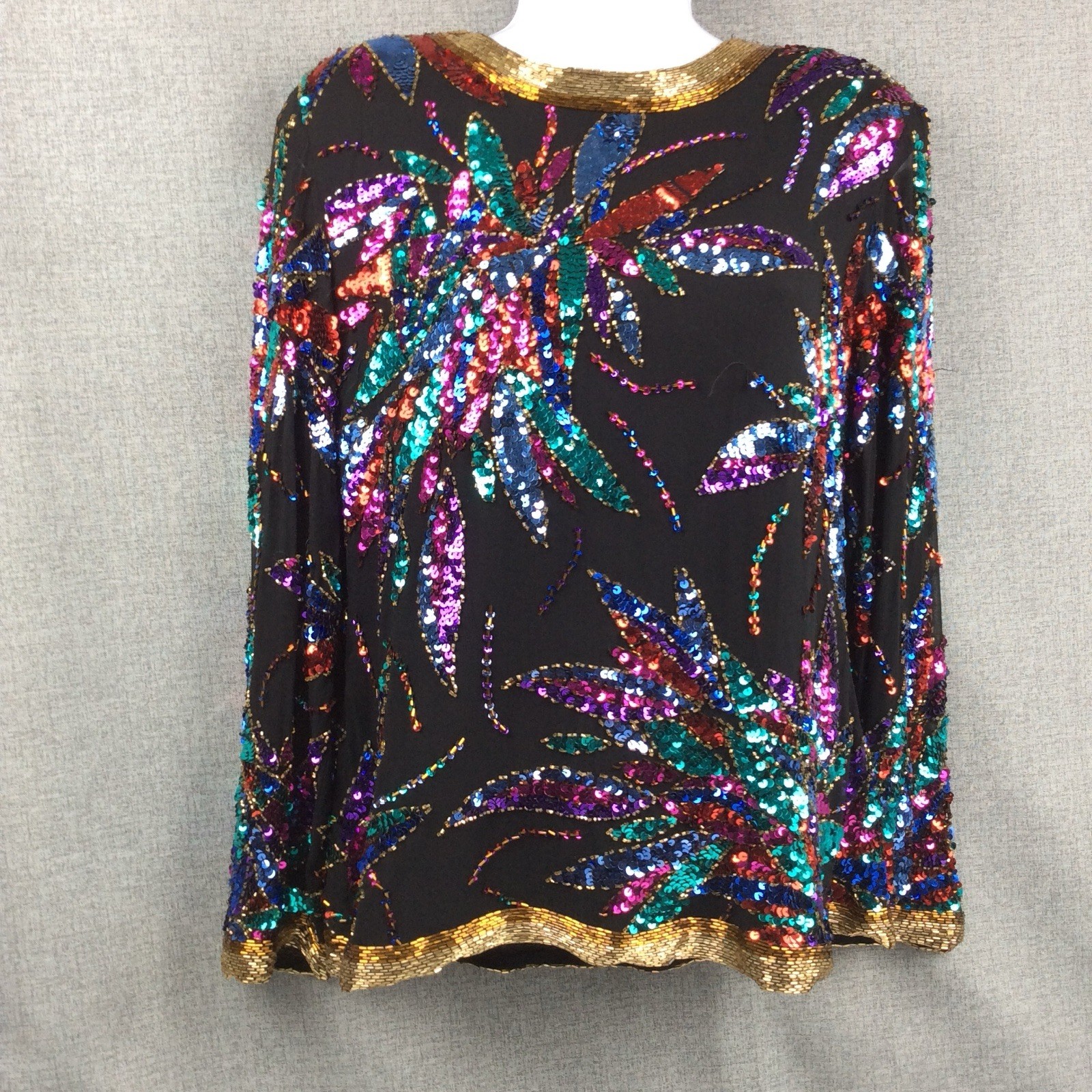 Oleg Cassini Black Tie Blouse Silk Colorful Sequin Beaded Top Vtg ?Sz S/M READ!