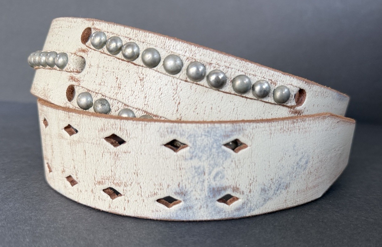 Vintage Ivory Studded Upcycled Leather Cracked Belt Studs Sz 34 Medium Joed
