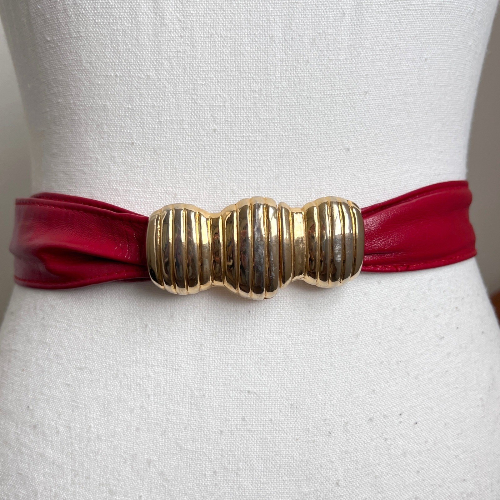 Vintage 80s Belt Cherry Red Leather Gold Buckle Cinch Waist Retro Statement Glam