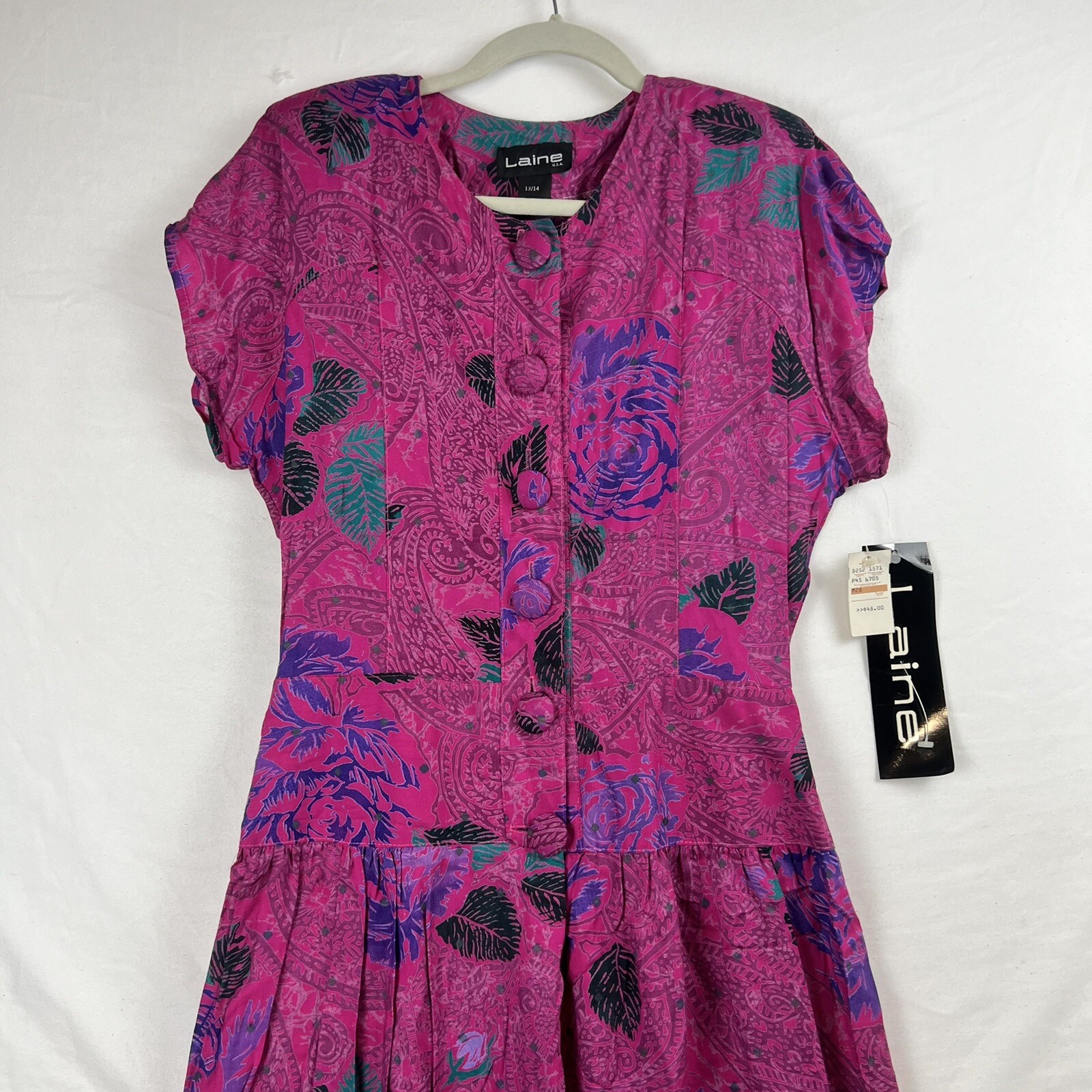 VTG Laine USA Dress Women Size 13/14 Floral Rayon Short Sleeve Max