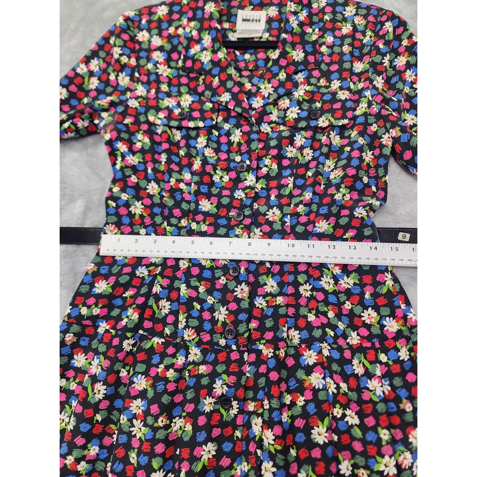 Vintage 80s Leslie Fay Floral Belted Drop Waist Shirt Dress Size 6P Black Office