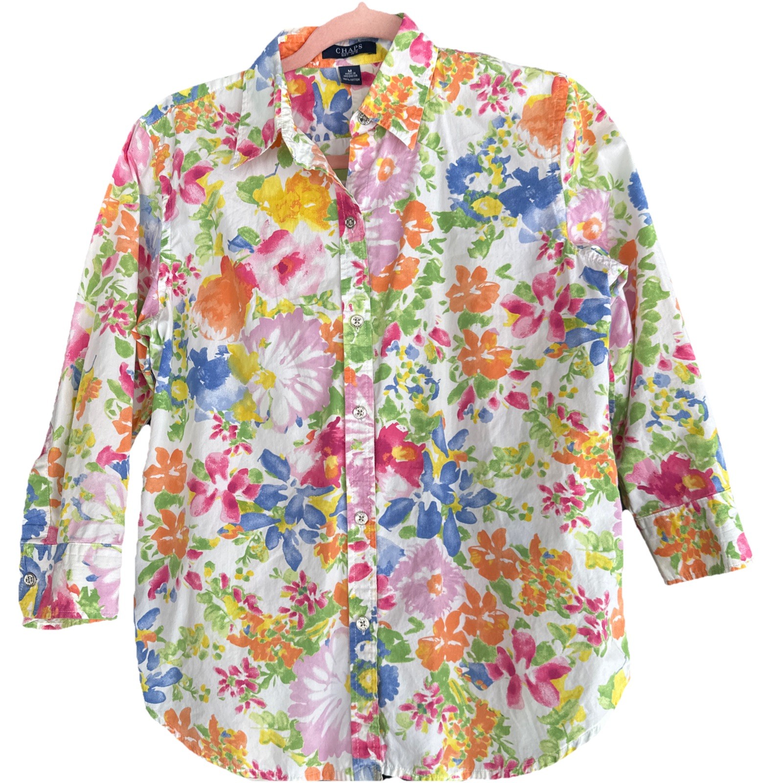 Vtg Chaps Women’s Shirt Blouse Button up M Floral Cotton 3/4 Sleeve