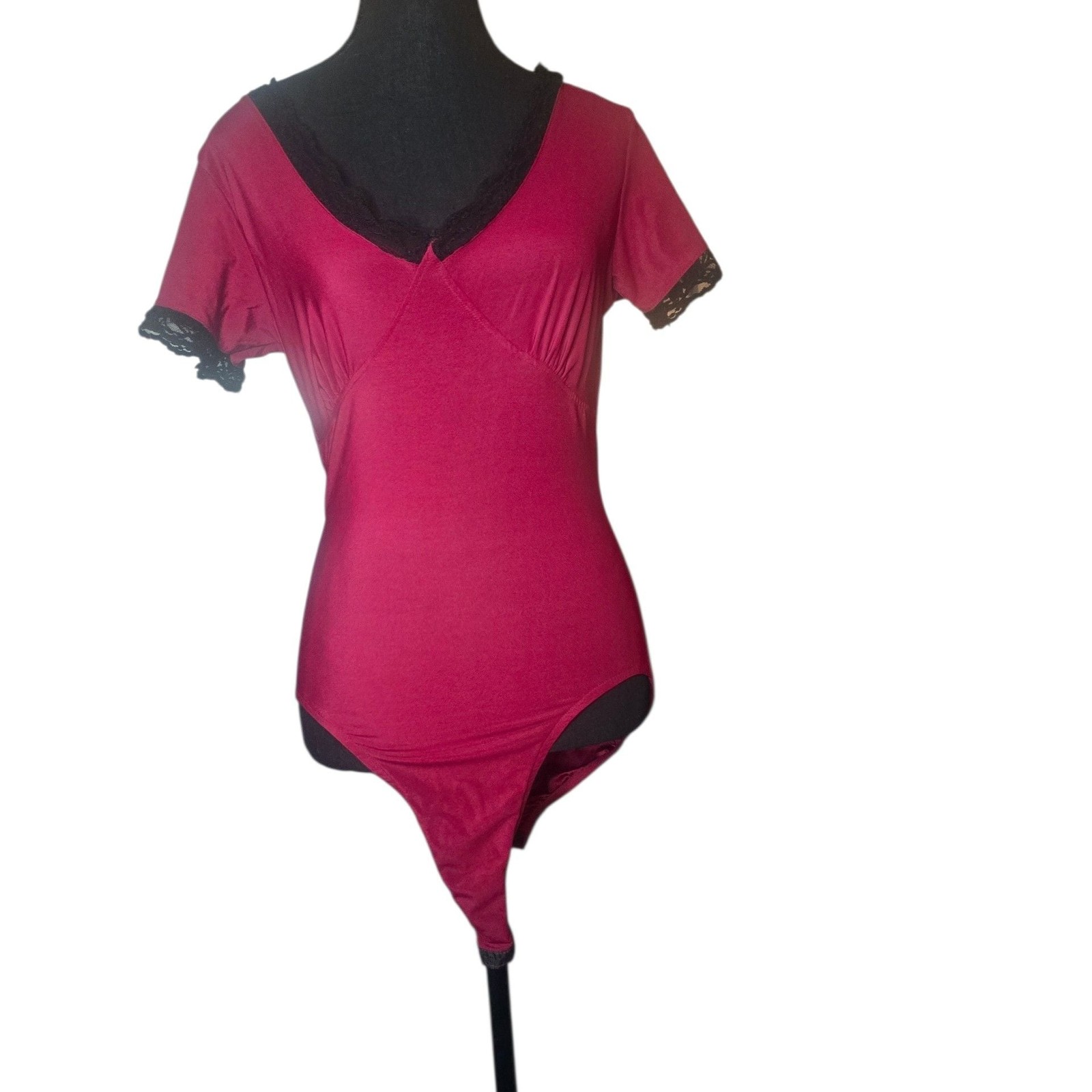 Vintage Corinna Fashions Red Short Sleeve Bodysuit Leotard with Lace Trim