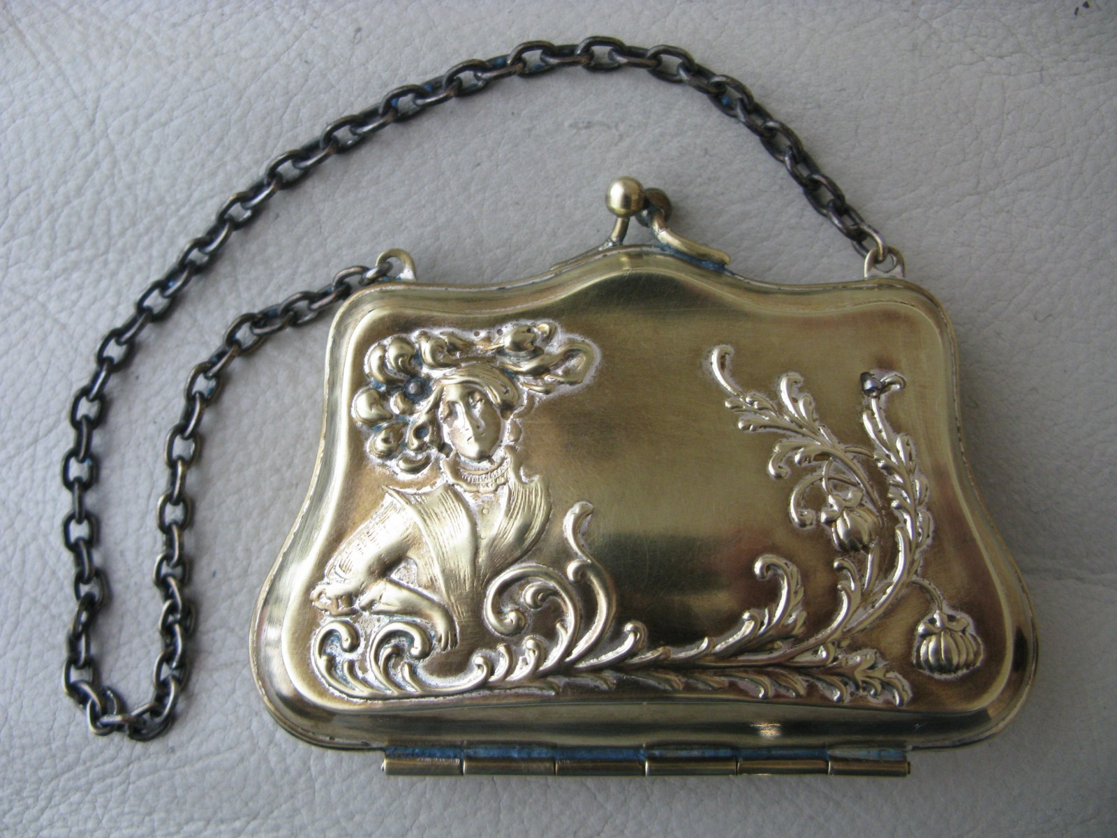 Antique Art Nouveau Woman Silver Metal Floral Lilly Blue Lining Card Case Purse