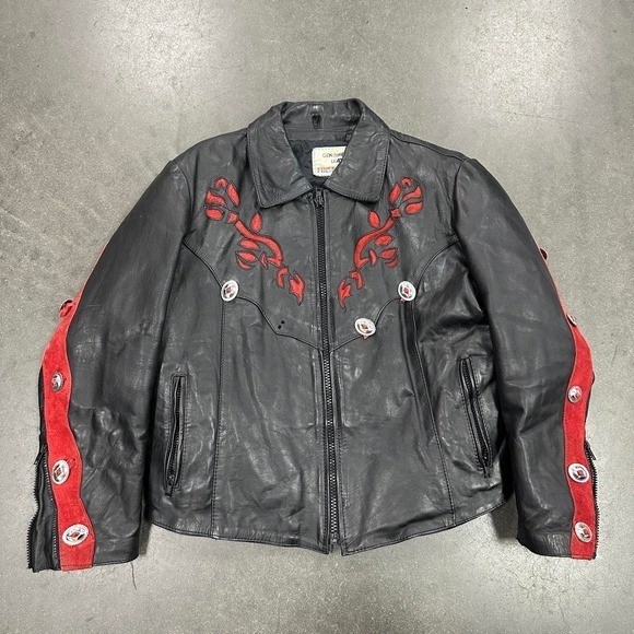 Vintage 90s Black + Red Suede Embroidered Leather Biker Jacket Size Mens Small