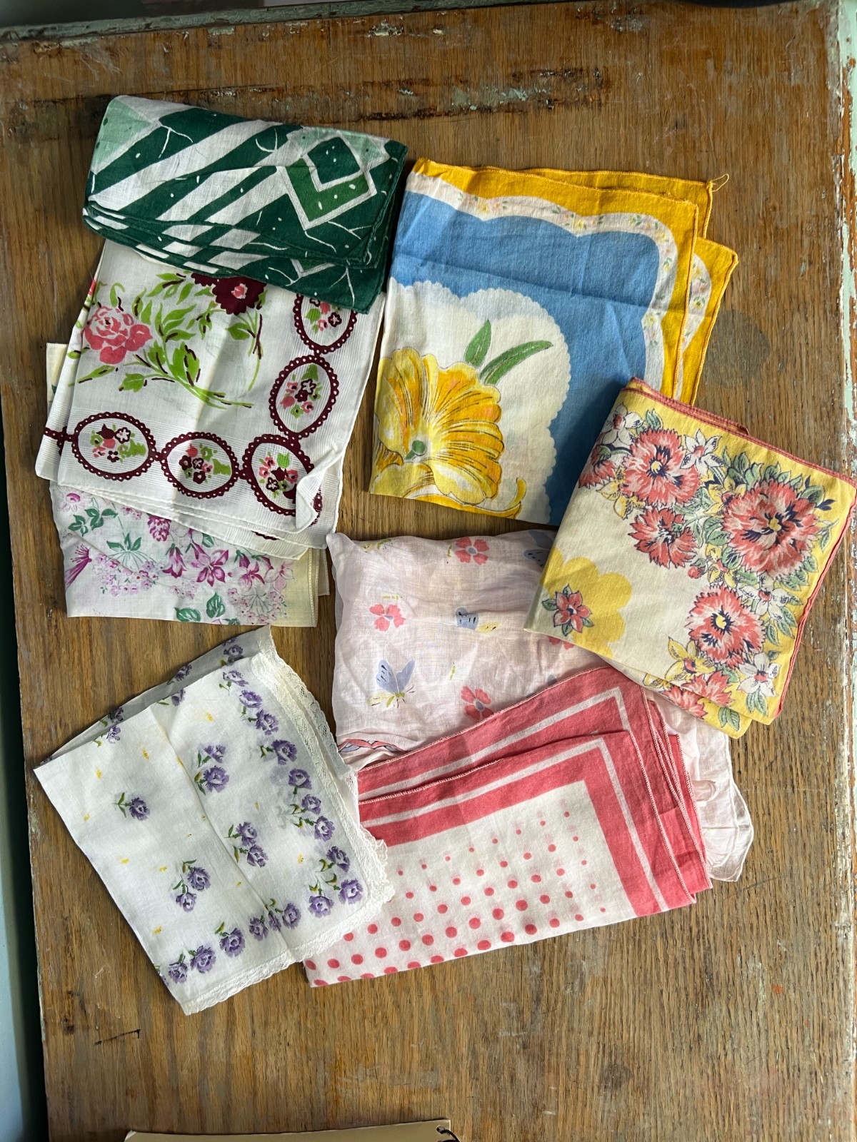 VINTAGE Lot of 8 FLOWERS Butterflies DOTS Colorful Hankies Handkerchiefs