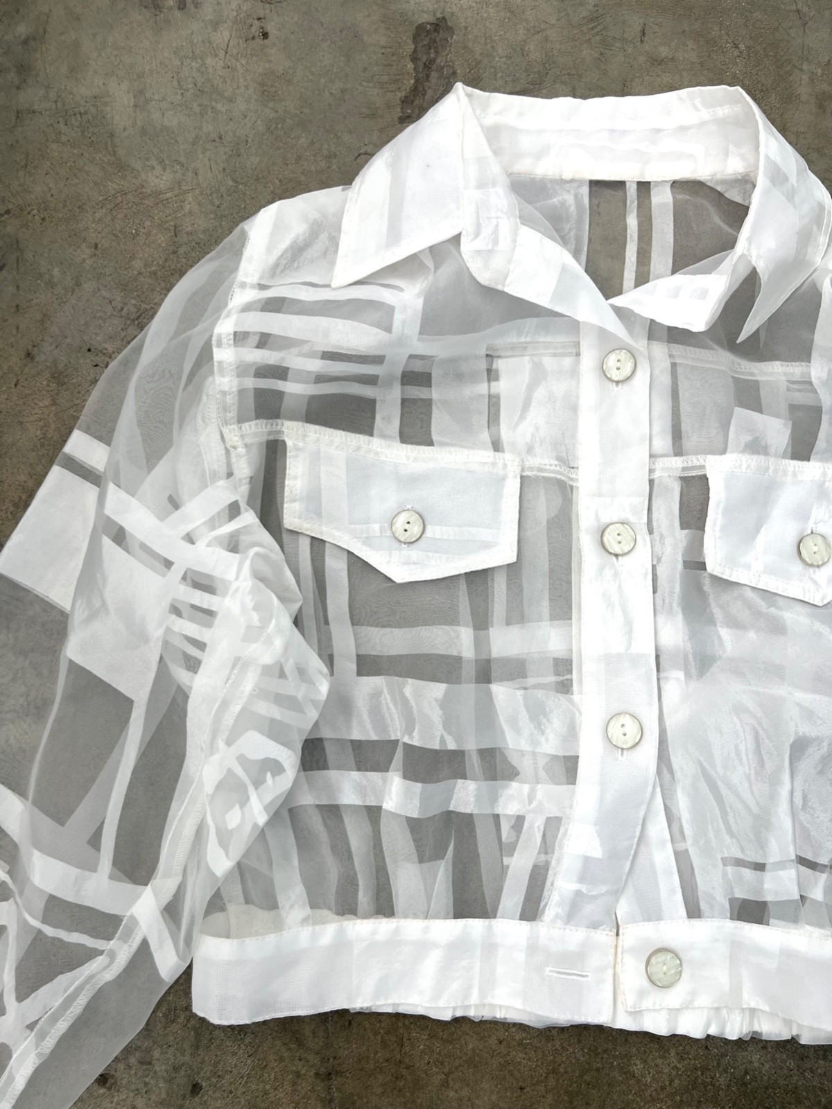 VTG 80s Sheer Organza Crop Jacket White Geometric Button Front Layering Top S M