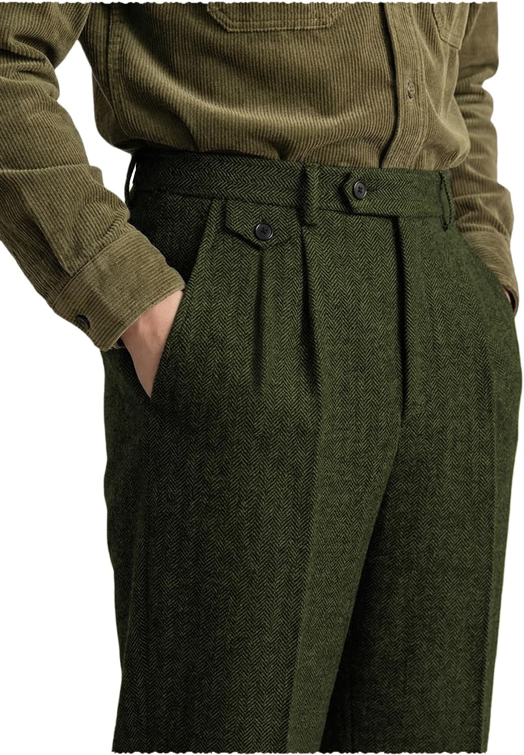 Mens Herringbone Casual Pants Pleated High Waist Trousers for Daily Work Office
