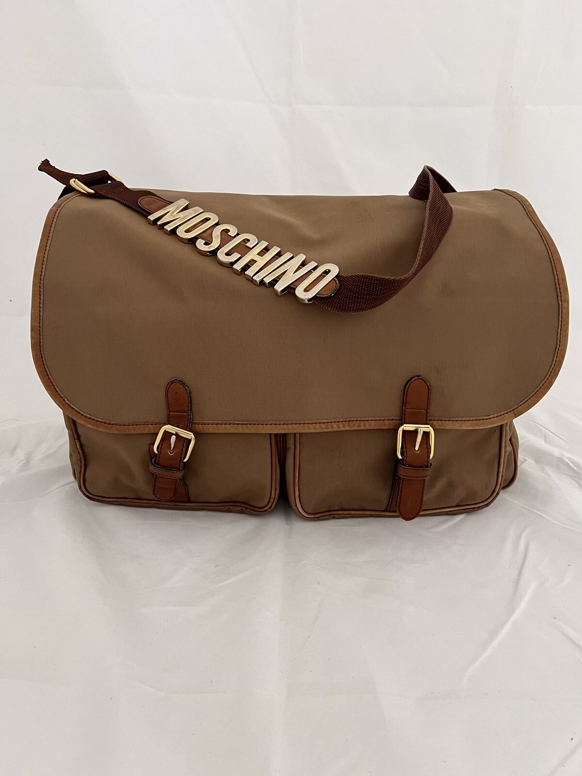 Vintage Moschino Nylon Large Brown Unisex Messenger Bag by Redwall (17″X 14″)
