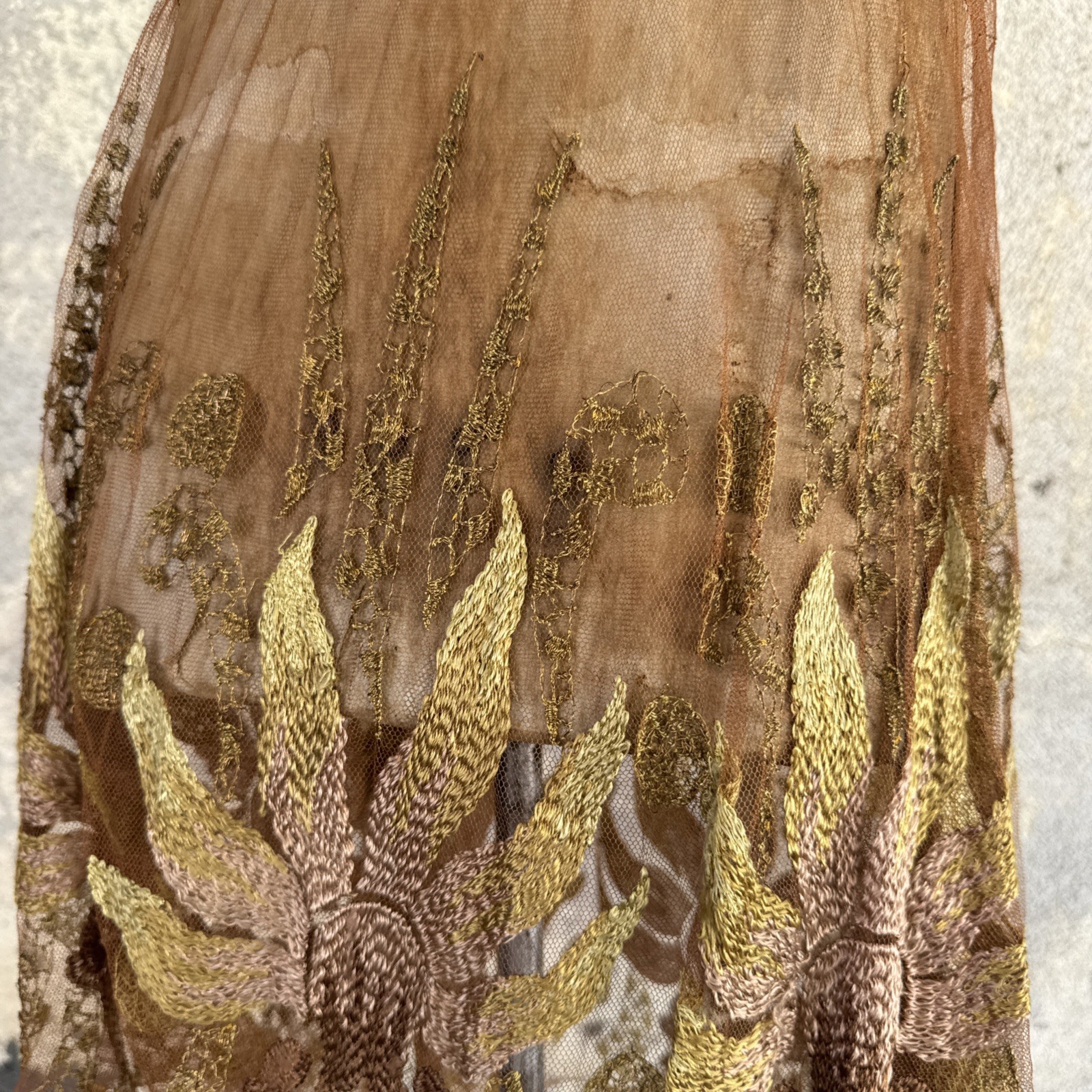 Antique 1920s Copper Net Skirt Silk & Metallic Embroidery Dress Vintage