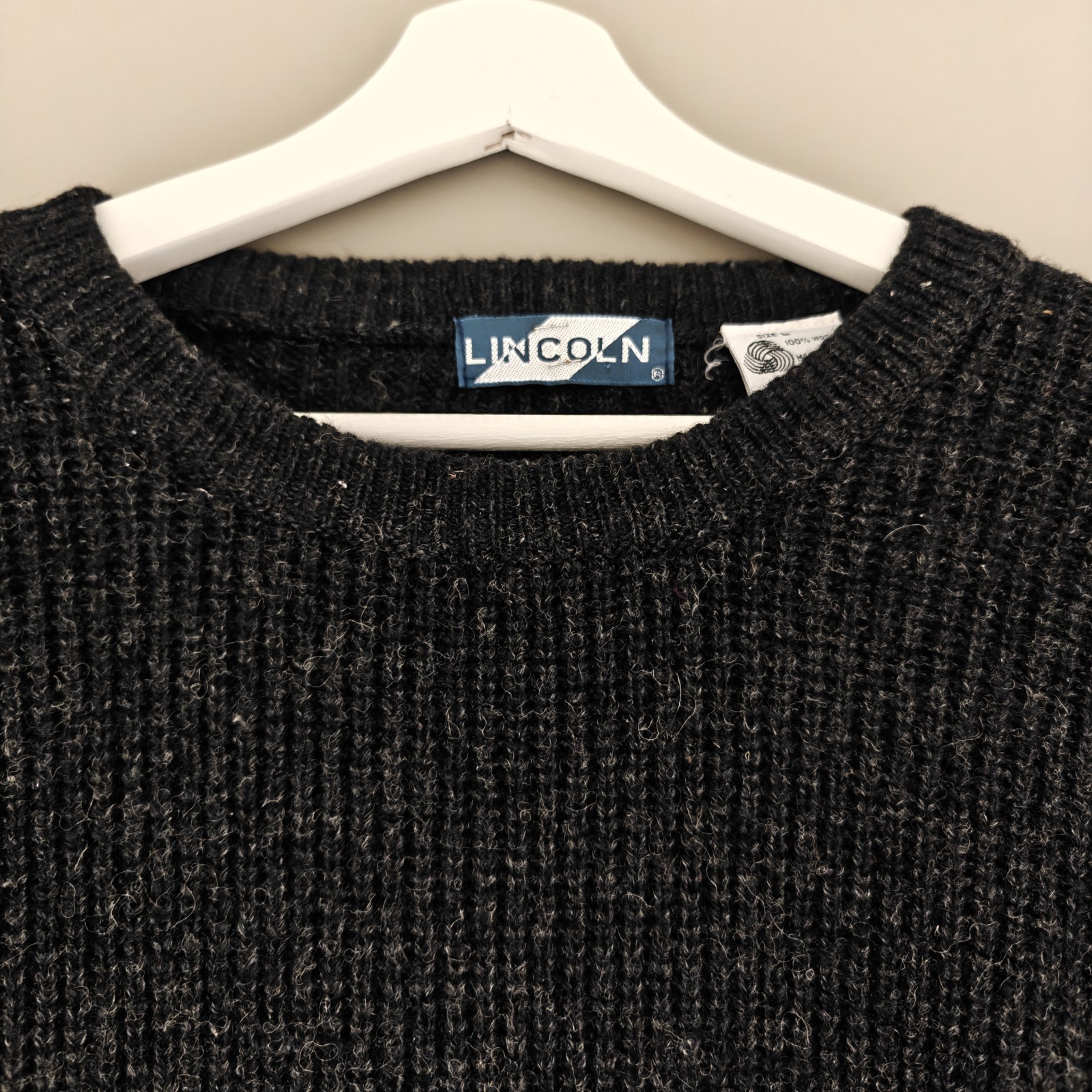 LINCOLN Mens Vintage 100% Wool Knit Jumper Charcoal Grey Size L Chunky Sweater