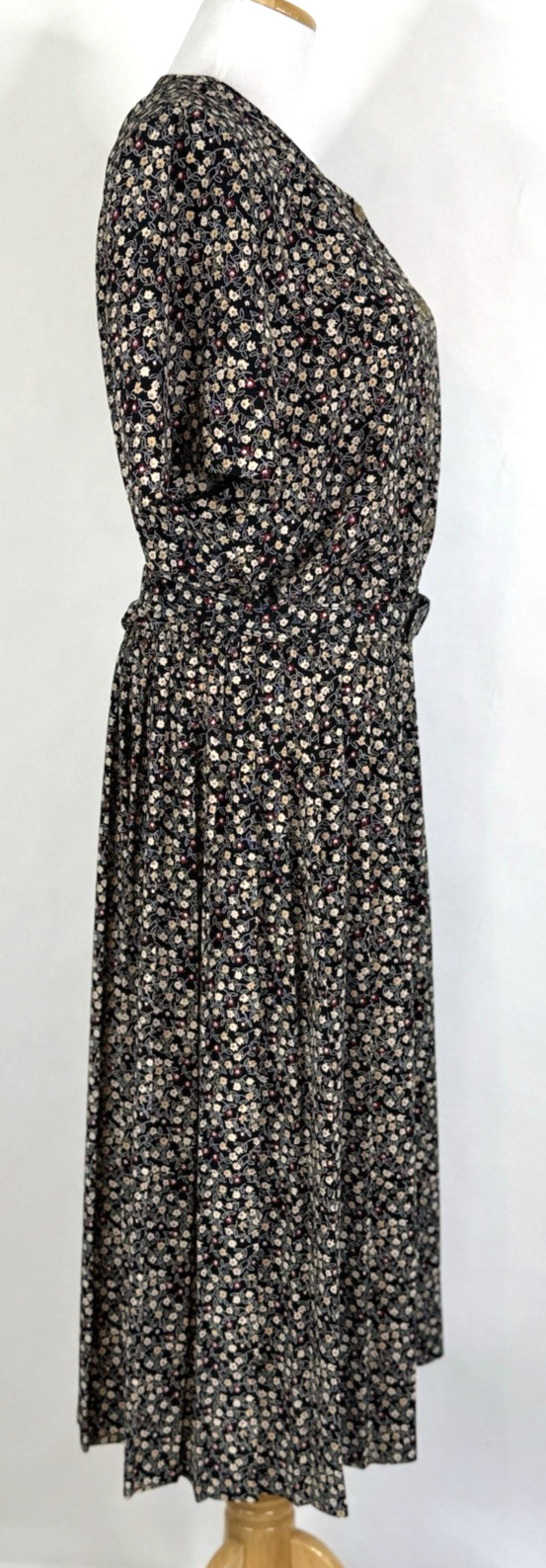 Leslie Fay Womans Size 14 Dress Floral Black Vintage Belted Midi Modest Classic