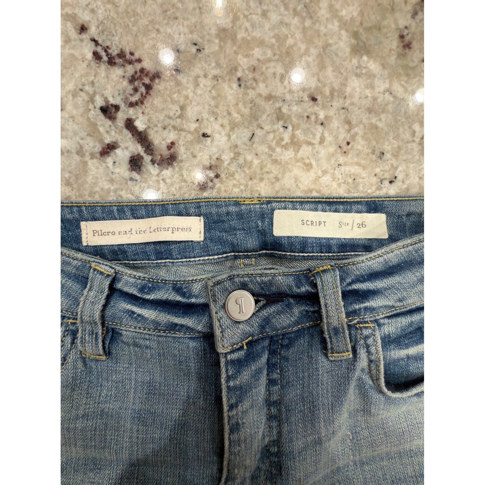 Pilcro Anthropologie Script Jeans Size 26 Flare Red Brocade Hem
