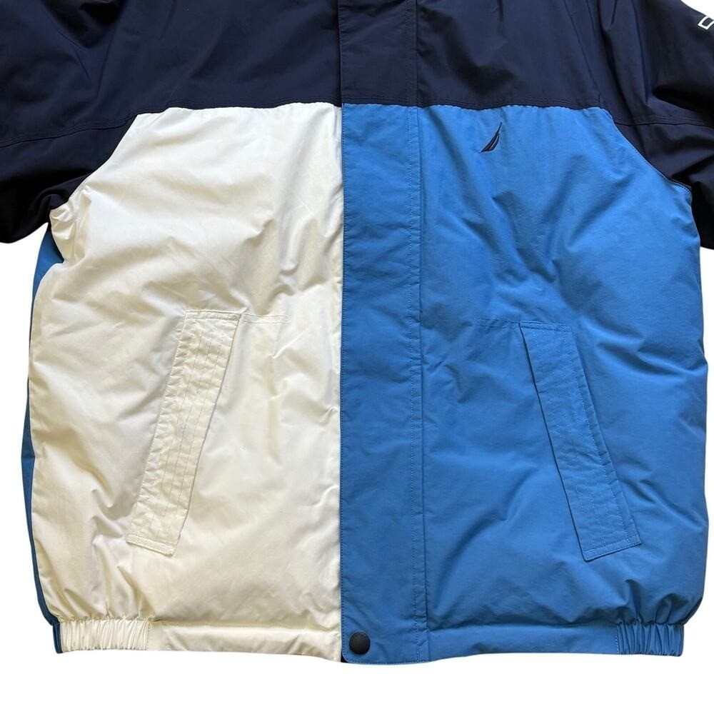 Nautica Sailing Puffer Jacket Vintage Reversible Blue Color Block Yellow 2XL 90s
