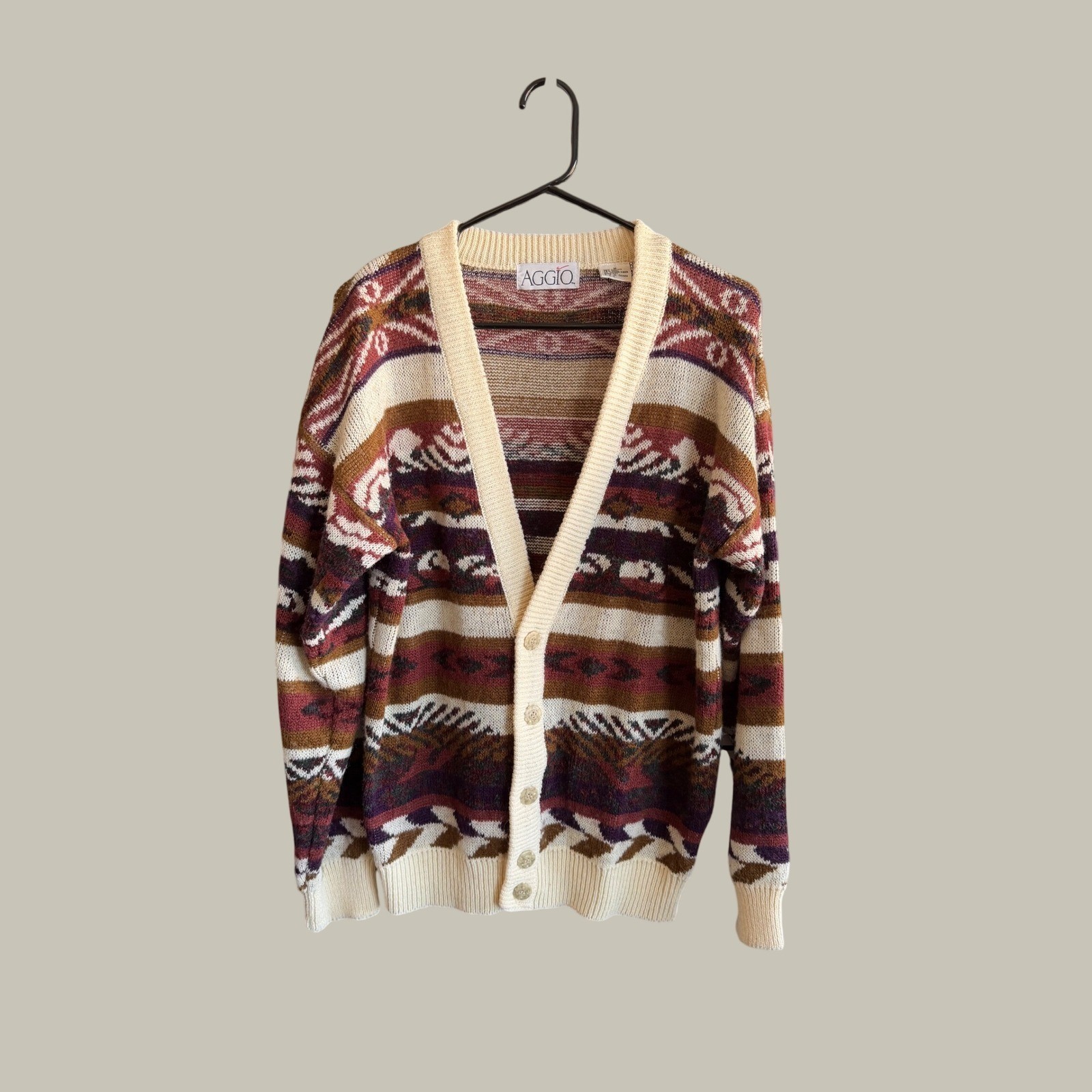 Vintage Aggio Geometric Knit Cardigan Sweater Mens Large Earth Tone Southwestern