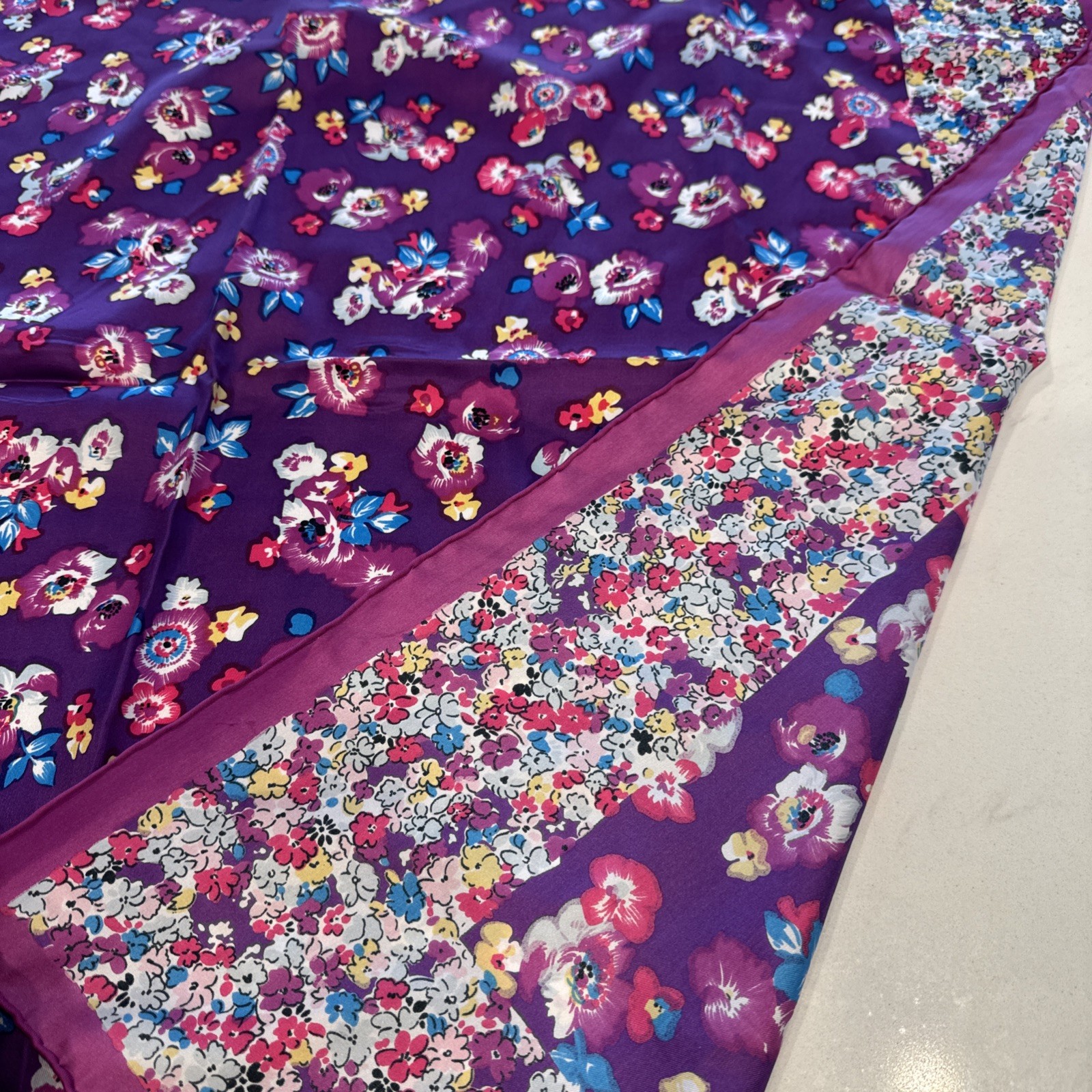 VTG Purple Floral Scarf 31×31″ Hand Rolled Edge Synthetic 1980s Purse Bag Wrap