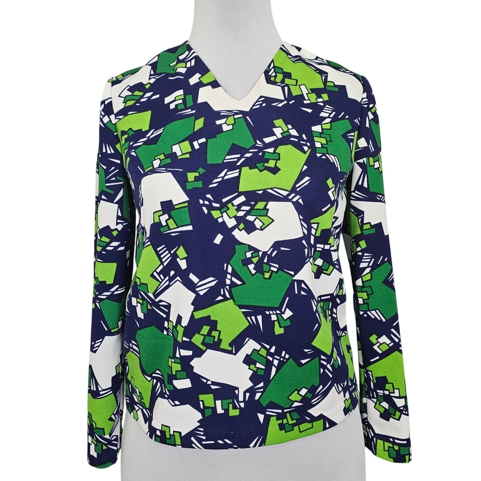 Vintage 60s Mod Geometric Top Green Blue Double Knit Talon Zip Handmade