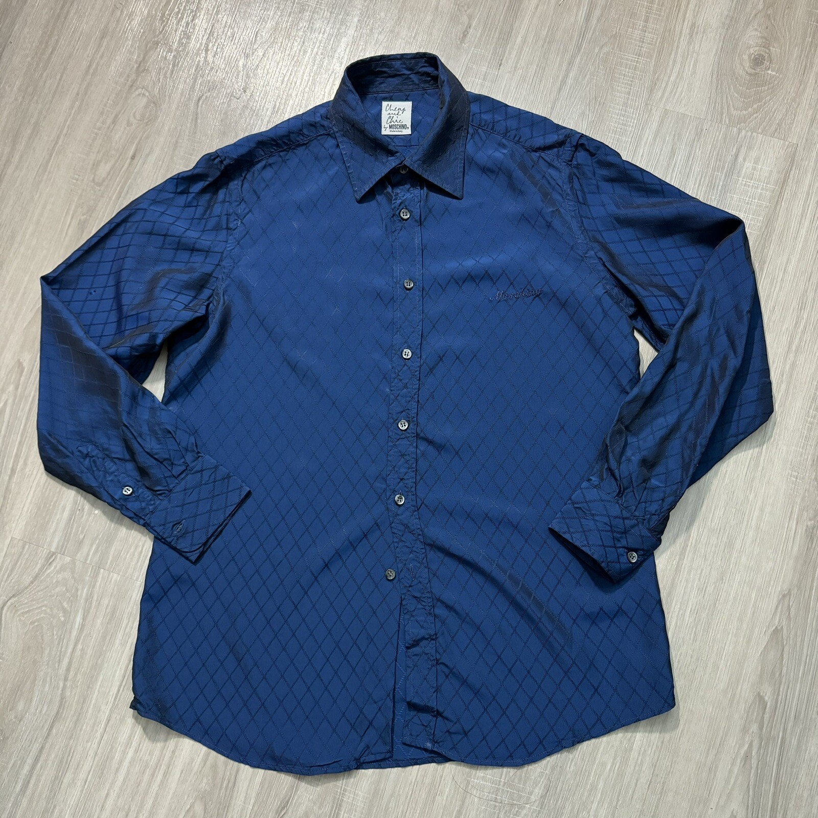 MOSCHINO 90s Cheap & Chic Vintage Men’s Shirt 16/41 Neon Blue Rayon Long Sleeve