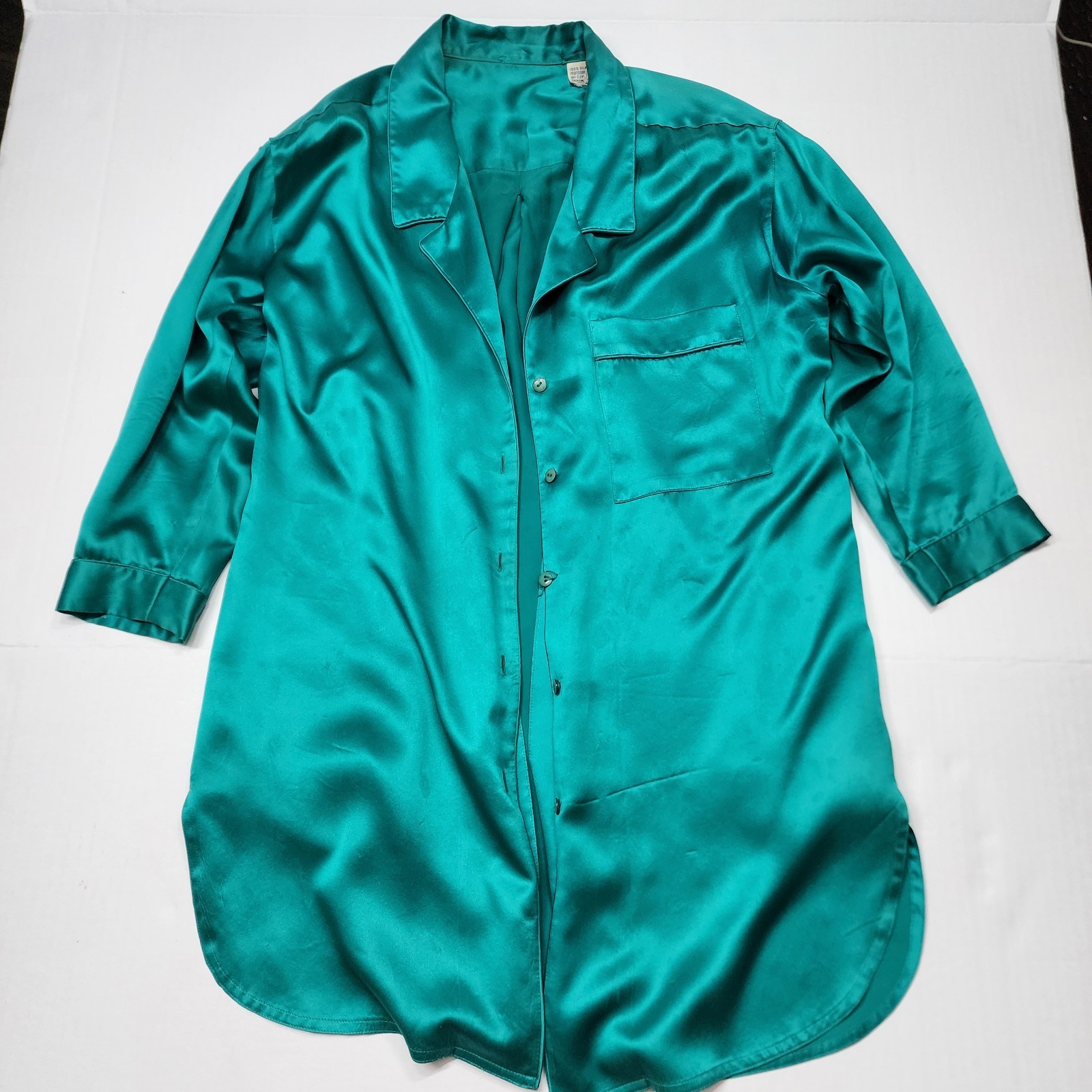 Vintage 100% Silk Pajama Nightgown Shirt Womens Size 8 Teal 3/4 Sleeve Luxury