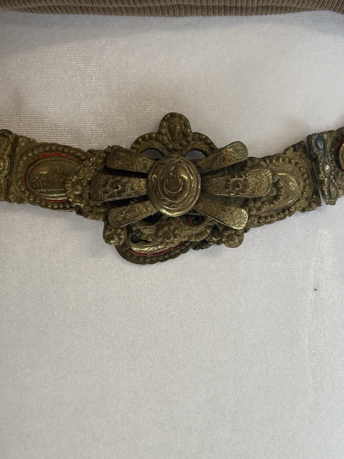 19th C Ottoman Empire Heavy Brass Belt Red Enamel Turkish Balkan Folk Art 35in