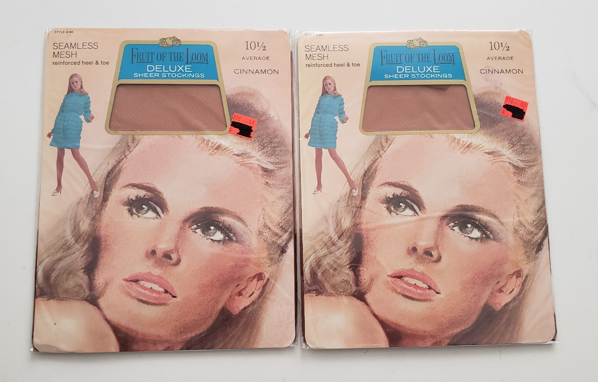 2 Vtg Pair Fruit Of The Loom Deluxe Sheer Mesh Stockings 10-1/2 Average Cinnamon