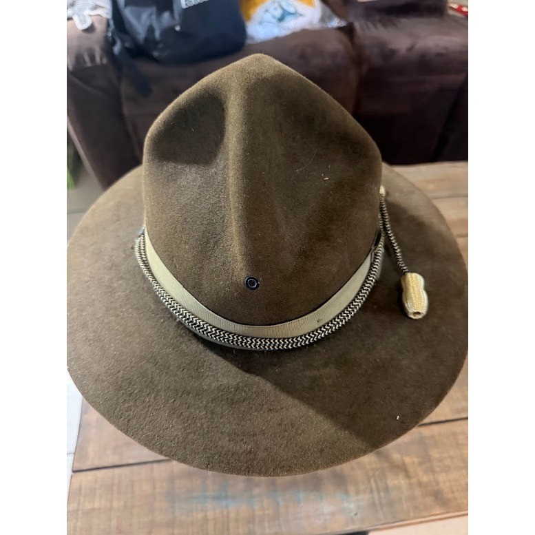 Vintage Wool Felt Campaign Hat Olive Brown Military Style 7 1/2 Four Dent Crown