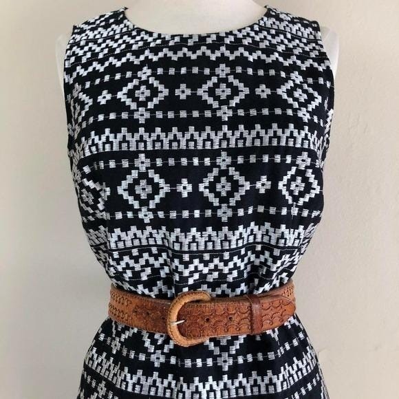 vintage y2k dkny black n white embroidered mini dress aztec ethnic tribal sheath