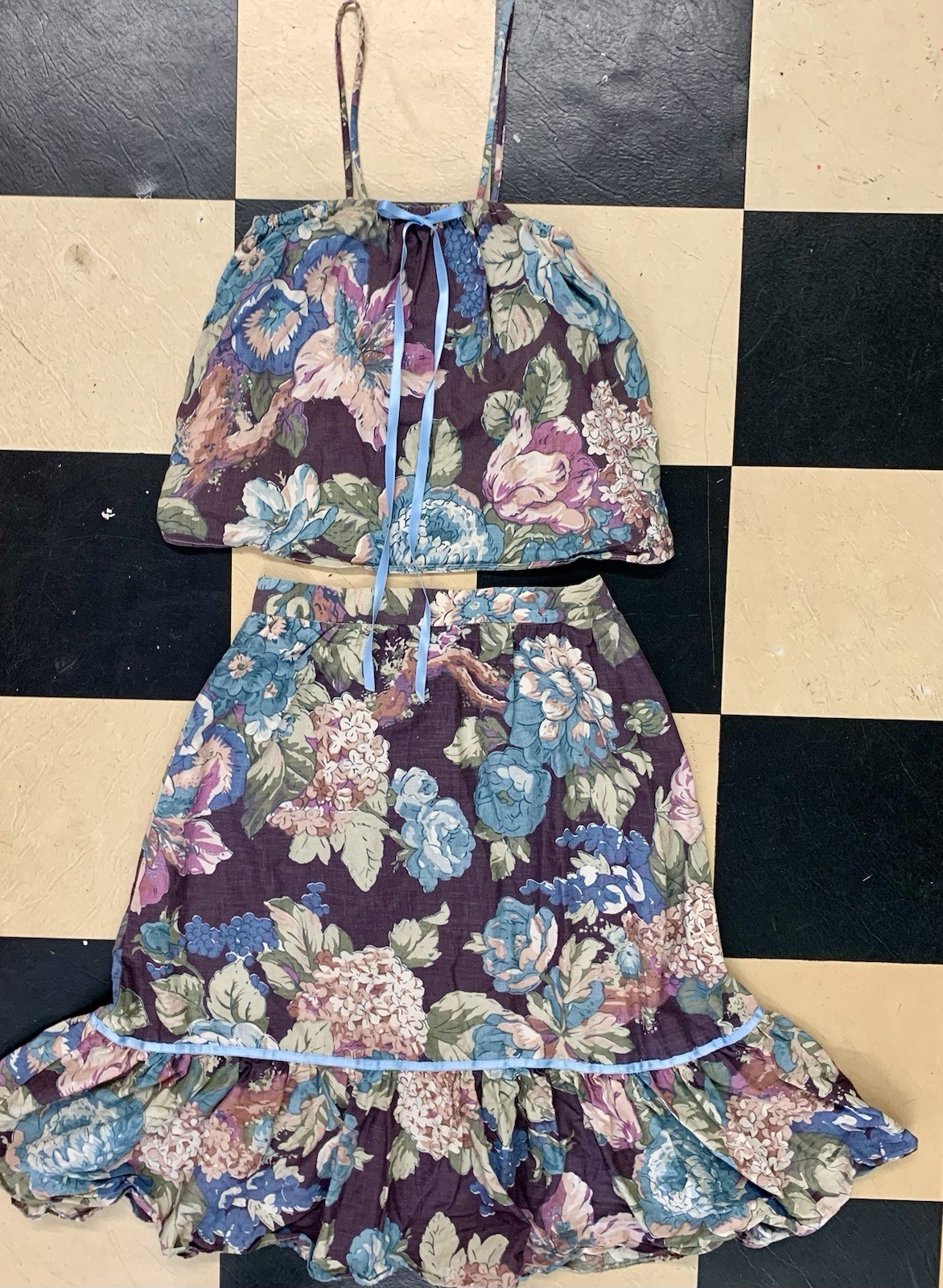 Vintage Neusteters Floral Top And Skirt Combo Satin Ribbon High Waisted Small.