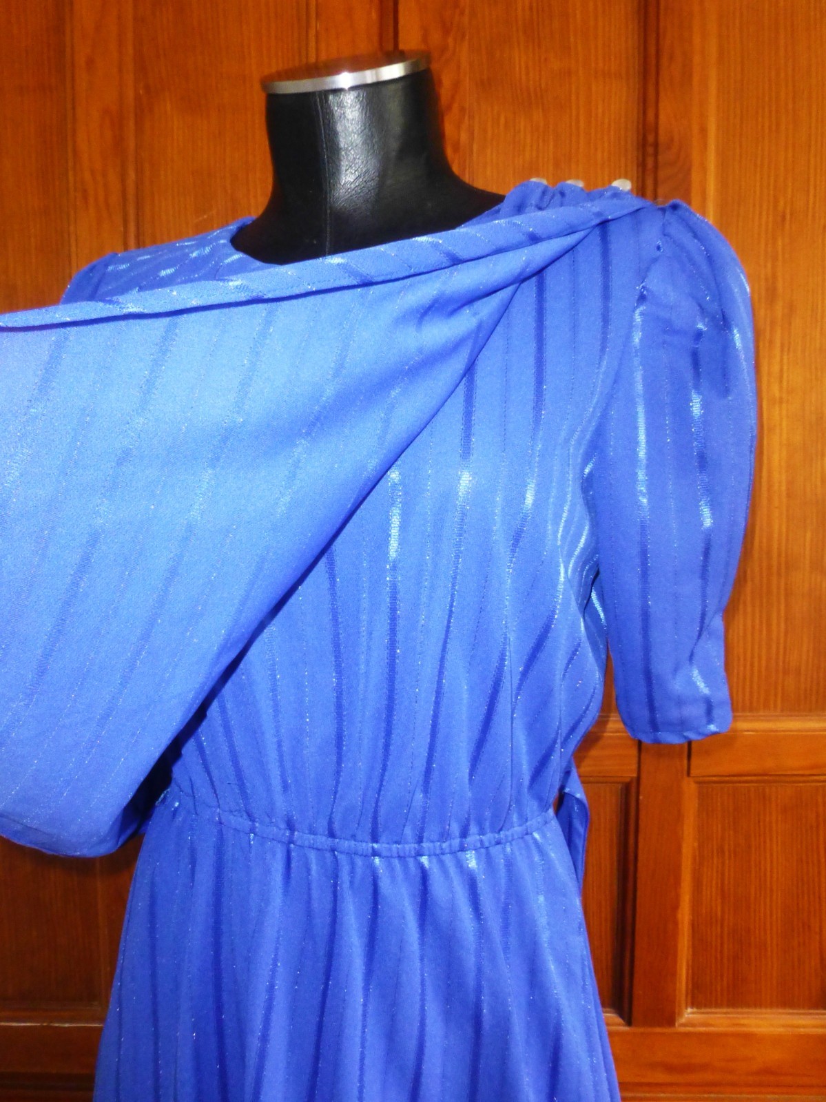 VTG 70s 80s Royal Blue Ribbon Stripe Poly Knit Cocktail Secretary boho Dress
