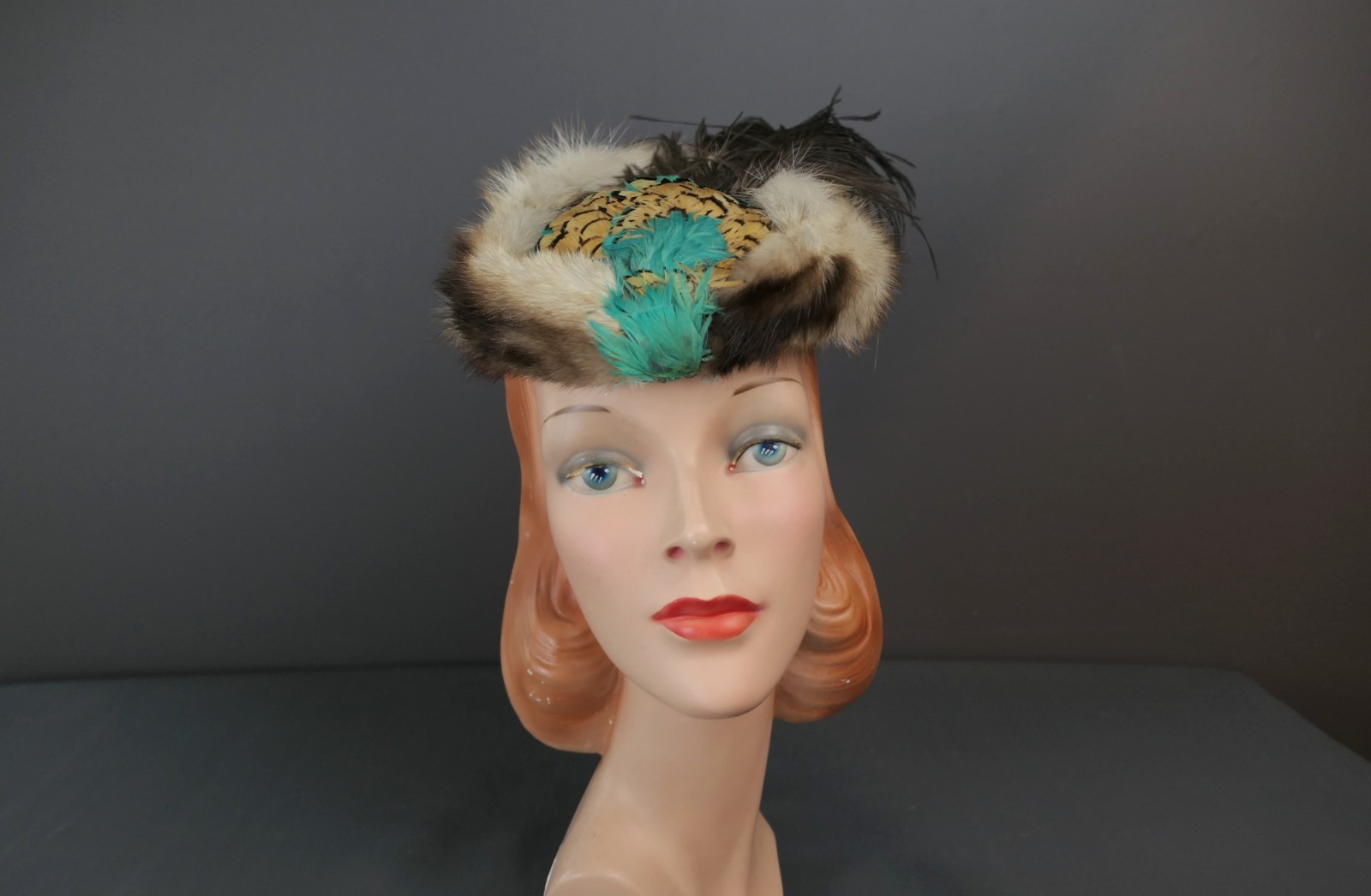 Vintage 1940s Feathers & Fur Tilt Hat Brown Velvet, Topper, any size unusual