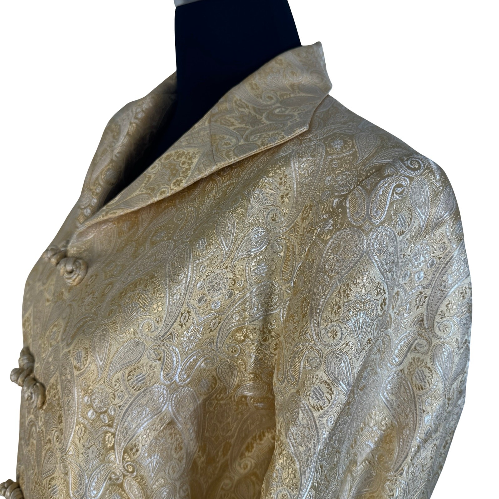 Vintage 80s 90s Champagne Gold Paisley Brocade Satin Frog Button Blazer Jacket
