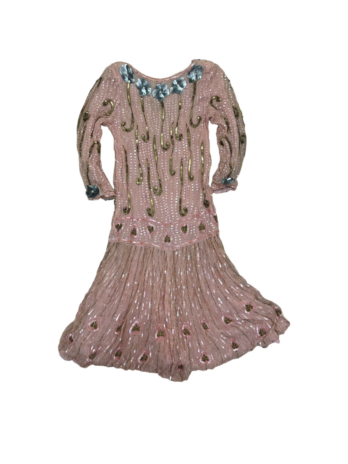 FLAPPER 1920’S GELATIN SEQUIN + BEAD BLUSH PINK SILK DRESS MADE IN INDIA LARGE