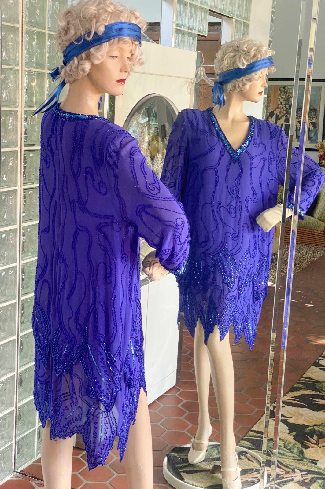 VTG Blue Silk Beaded Drop waist Layer Dress 1920s Flapper Inspired Size L-XL