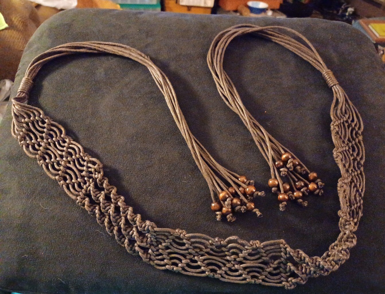 VTG Brown Woven Multi-textured Hippie Boho Braided Belt Wooden Beads 54″ Long
