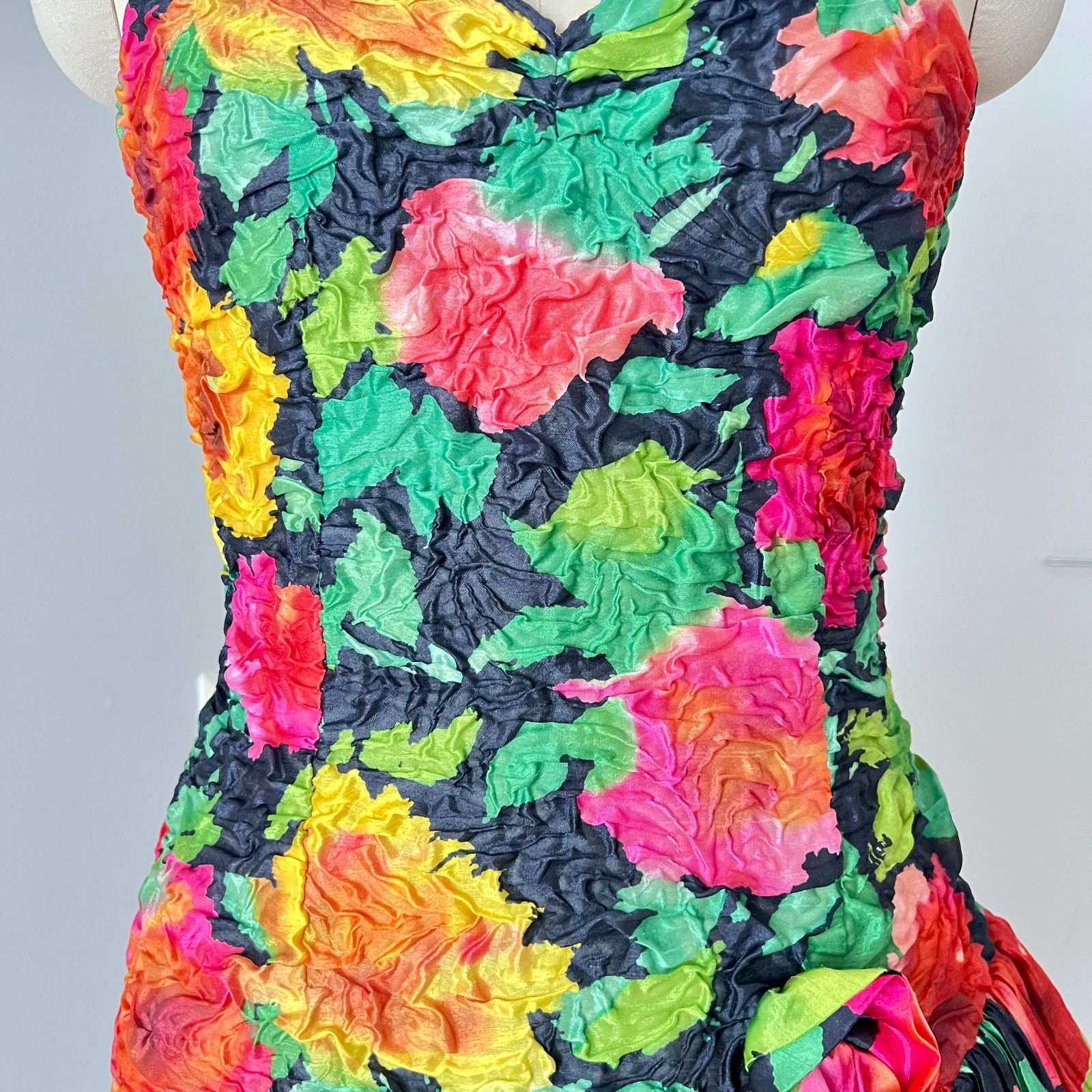 1980s Floral Taffeta Cocktail Party Dress Tiered Retro Prom Evening Gown Retro