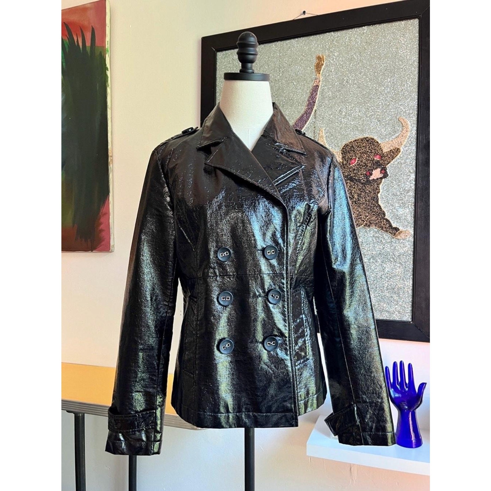 Vintage Y2K Black Vinyl Jacket | Double Breasted Moto | Cropped Tailored Fit | S