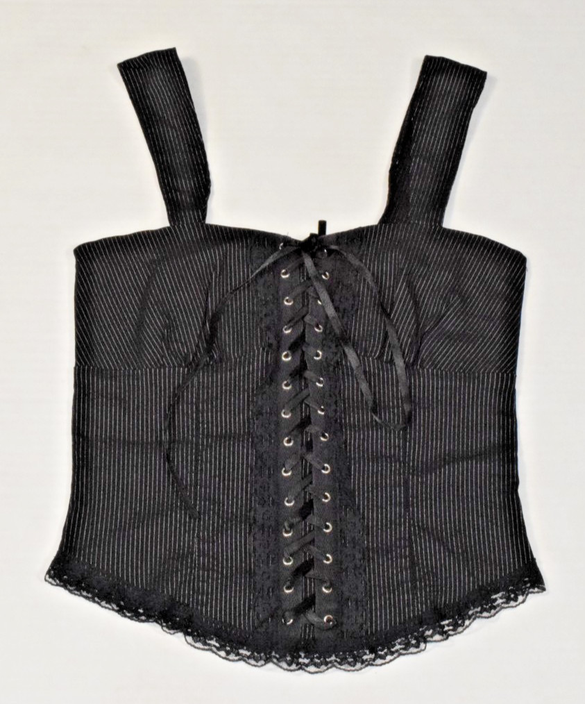 Vintage Corset Top San Julian Size L 90s Black Pinstripe Lace Front Made USA