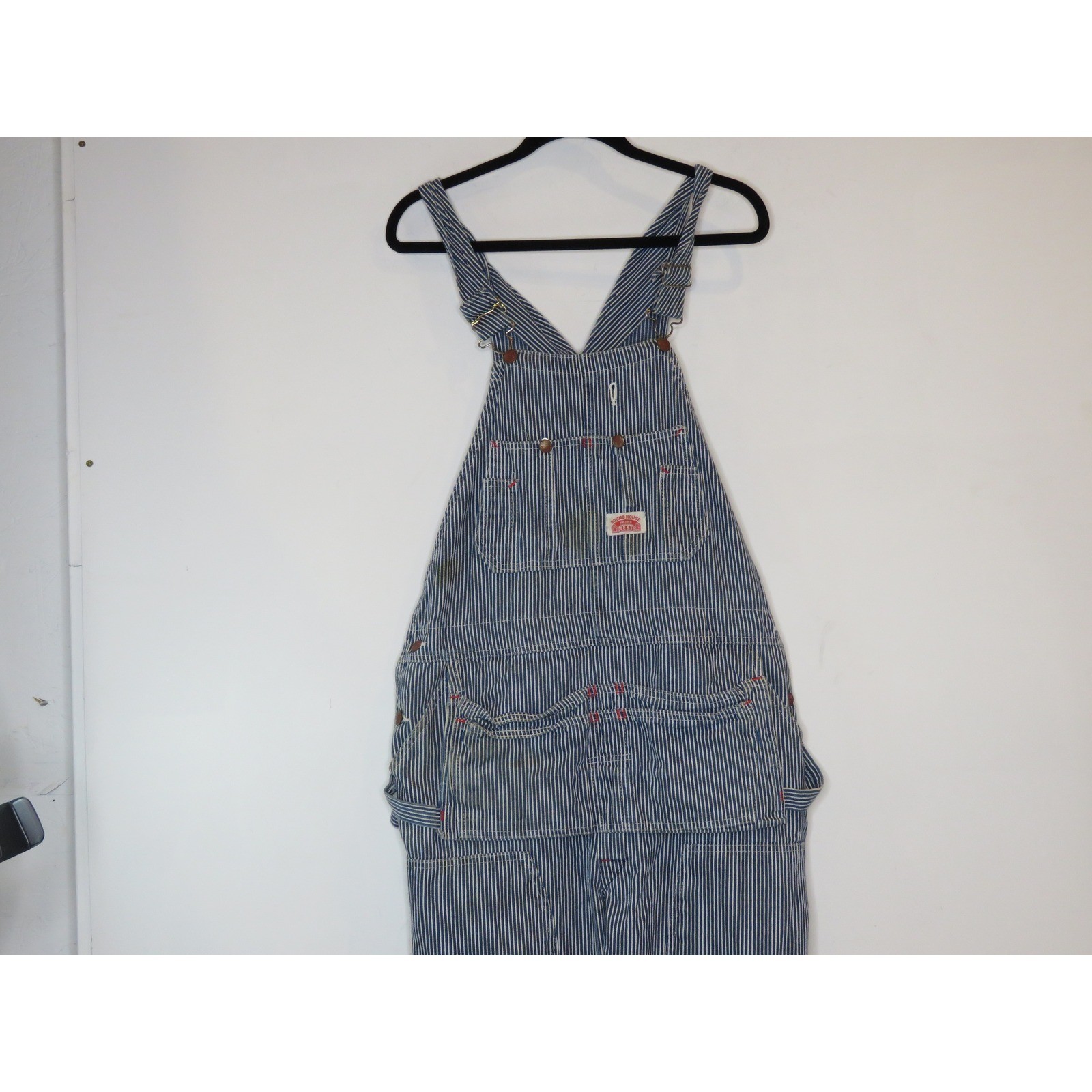 Vintage Round House Bib Overalls 38×32 Blue White Striped Straight Leg Outdoor