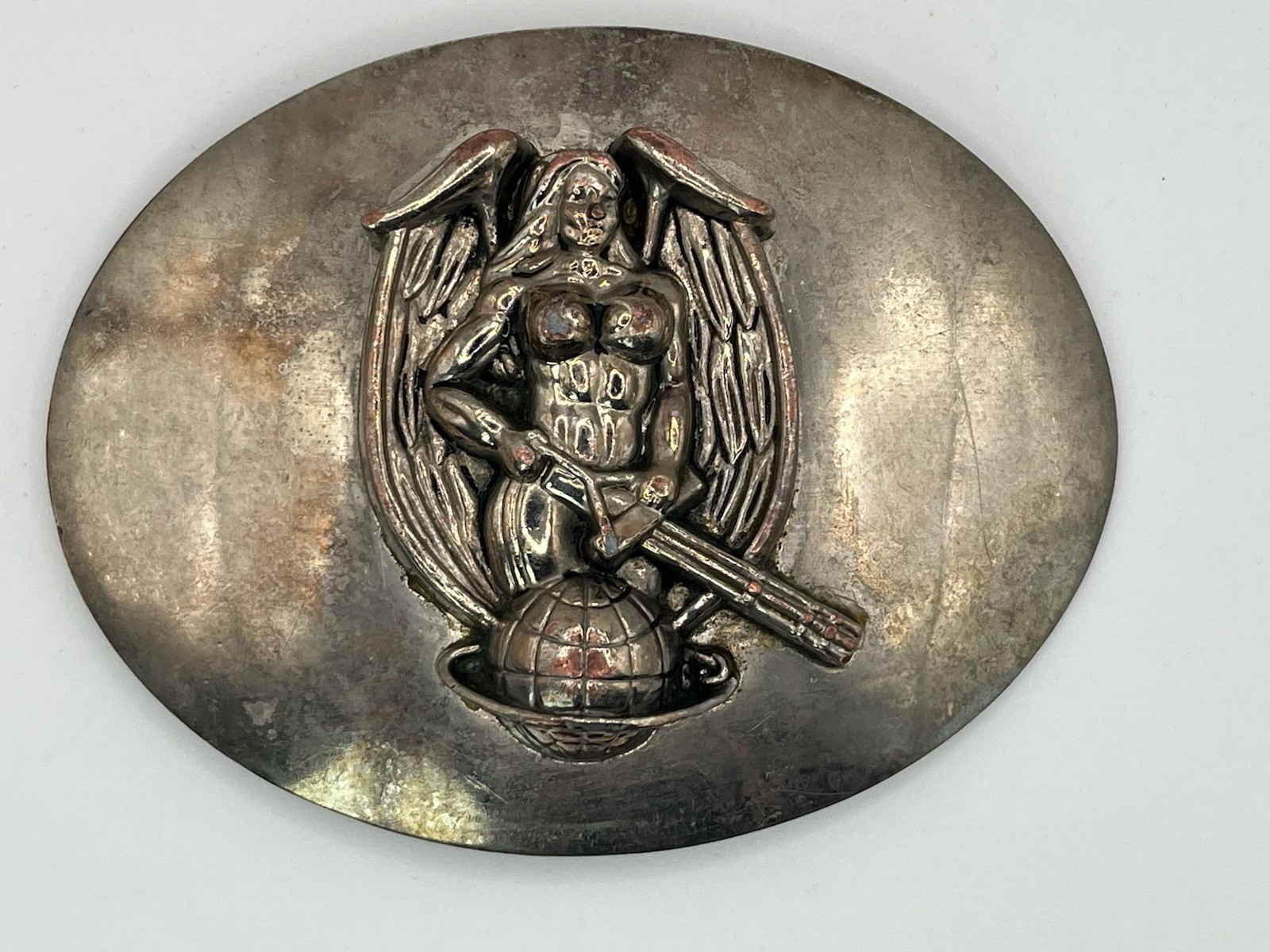 Vintage Silver Tone Oval Belt Buckle Woman Globe Rifle Western Collectible
