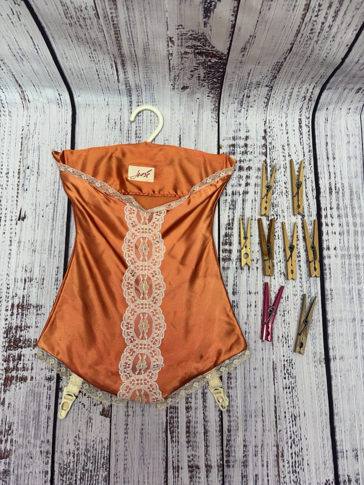 Vintage Hanes Coral Satin & Lace Corset Lingerie Holder w/ Garters & Hanger