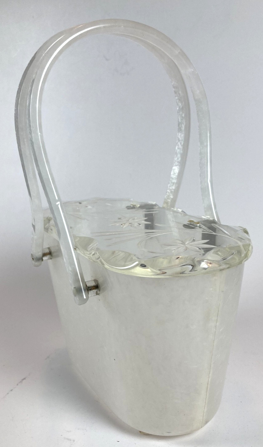 1950s White Marbled Lucite Double Handled Purse with Clear Carved Lid