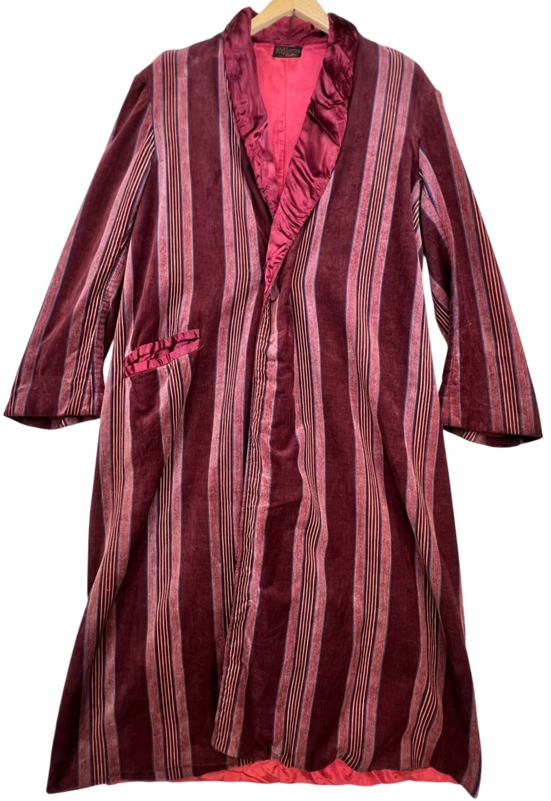 Vintage Rabhor Mens Corduroy Smoking Robe Long Sleeve Burgundy Stripe Pocket