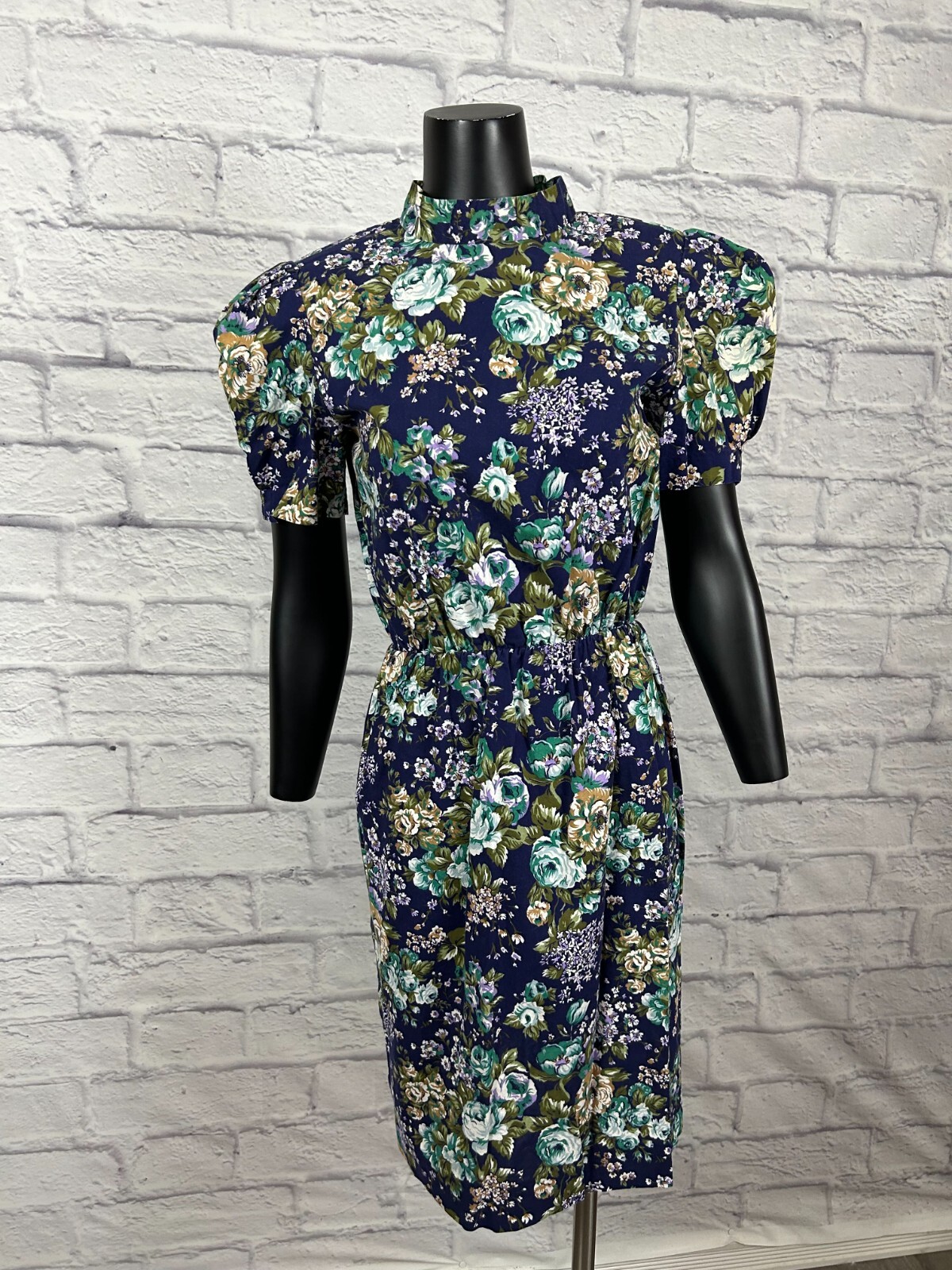 Vintage 90s High Neck Shoulder Pads Multi-color Floral Handmade Women’s Dress