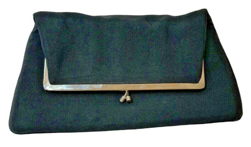 Vintage Garay Black Fold Over Clutch Handbag Formal Evening Bag Goldtone