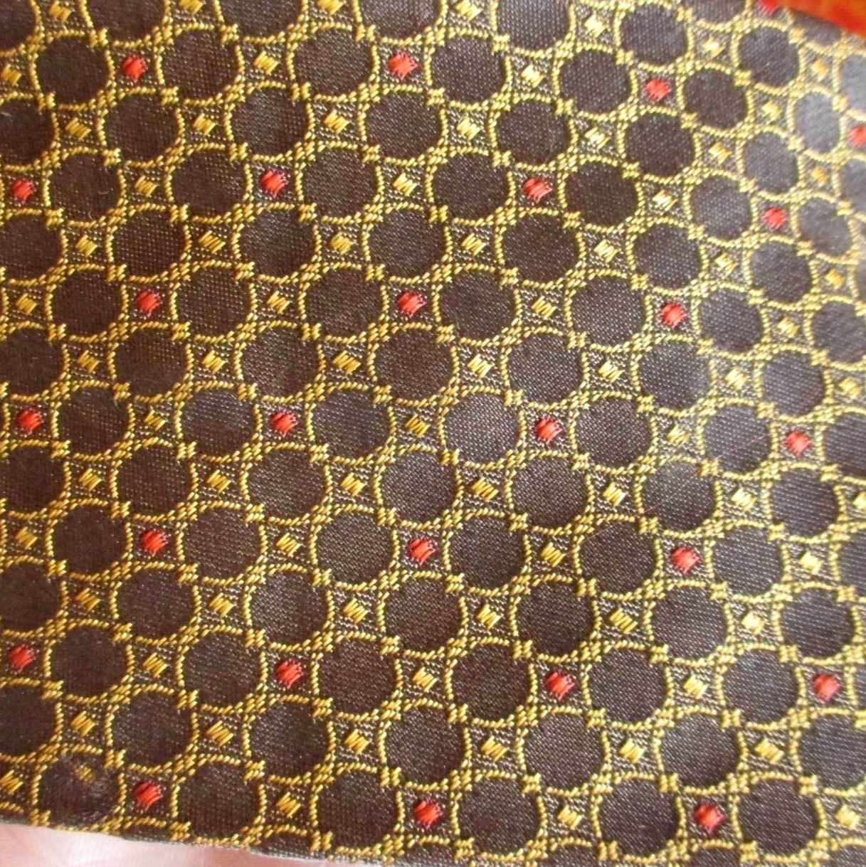 Vintage Necktie Brown Gold Geometric Patterned Tie Red Accents – Acetate Rayon