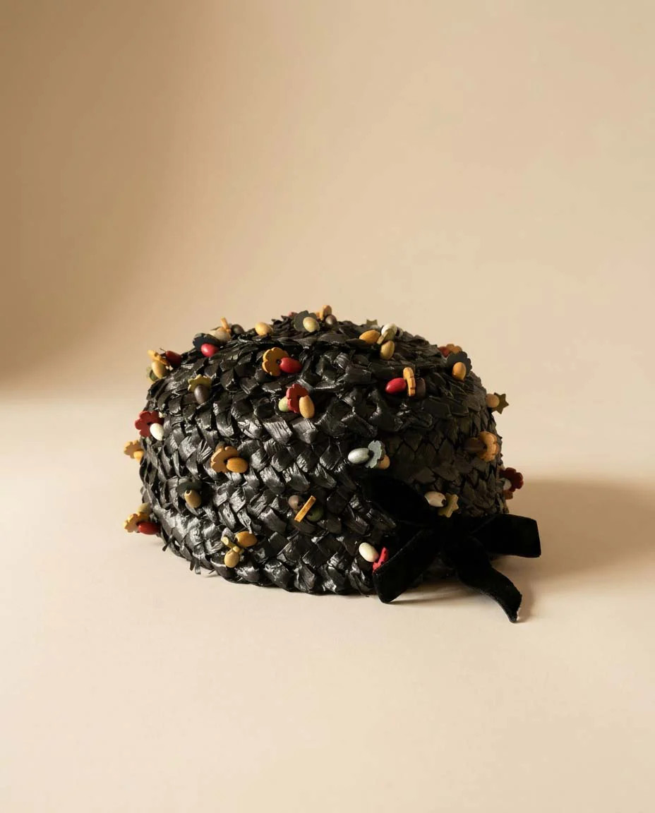 1950s Miss Sally Victor Black Raffia Pillbox Hat Wooden Bead Trim Vintage